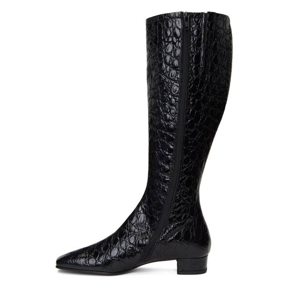 BY FAR Edie Black Circular Croco-Embossed Leather Knee-High Boots - Picture 1 of 11